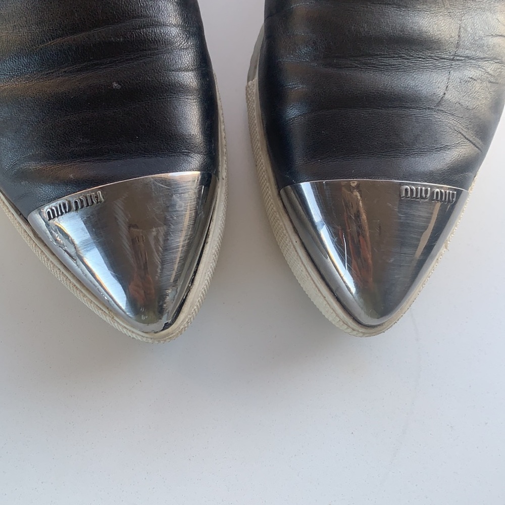 Miu Miu Black Leather Slip-On Sneakers with Silver Cap Toe - Picture 3 of 9